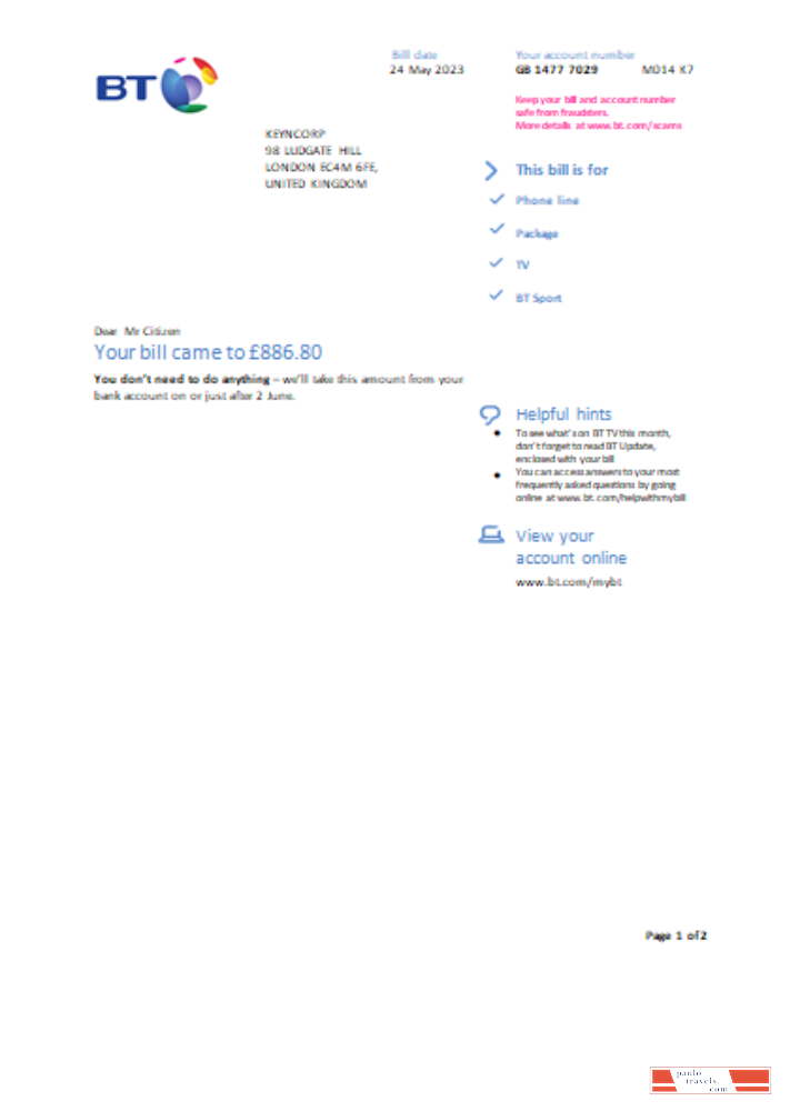 BT utility business bill, page 1 SCR PSD template